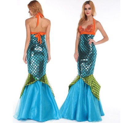 Halloween Europe and America Blue PU Leahter Sexy Mermaid  Dress