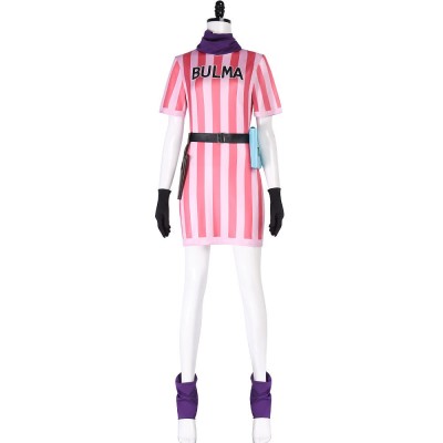 Dragon Ball Bulma Cosplay Costume Pink Striped Dress With Purple Scarf, Gloves, Belt And Pouches
