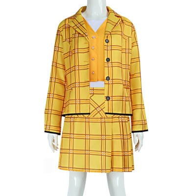Clueless Cher Horowitz Cosplay Costume Yellow Plaid Blazer, Vest And Mini Skirt Set
