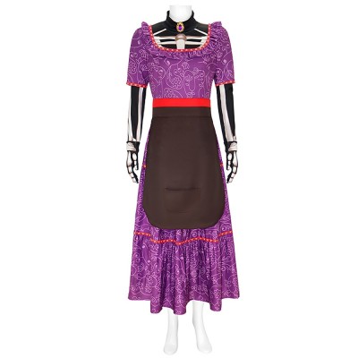 Coco Mama Imelda Cosplay Costume Purple Dress With Apron Skirt And Skeleton Gloves