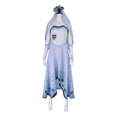 Corpse Bride Emily Cosplay Costume Pale Blue Tattered Wedding Dress With Flower Veil, Wristers And Clear Straps