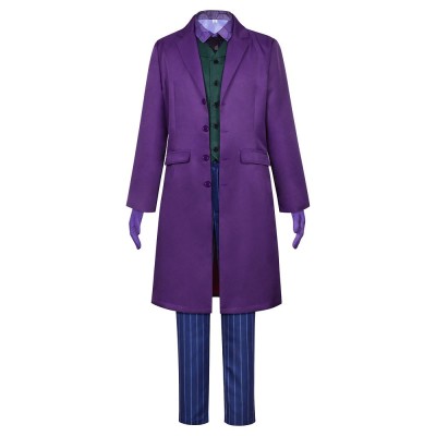 The Dark Knight Joker Cosplay Costume Purple Long Coat Green Vest Hexagon Shirt Striped Trousers Tie And Gloves 6 Piece Set For Men