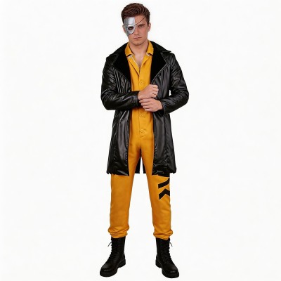 Delta Force Raven Cosplay Costume Black Leather-Look Coat And Yellow Jumpsuit For Kids And Adults