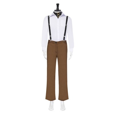 Edward Scissorhands Cosplay Costume White Shirt With Brown Trousers, Suspenders And Black Gold-Ring Top