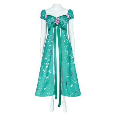 Enchanted Giselle Cosplay Costume Teal Green Floral Dress With Satin Bow And Pink Flower Corsage