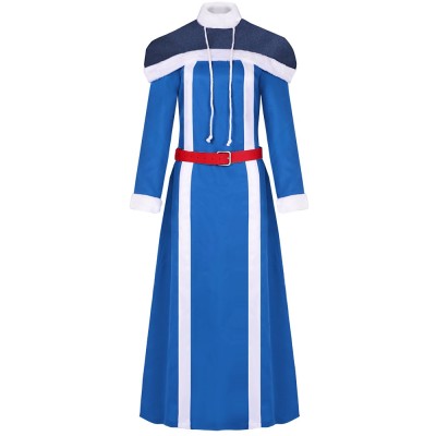 Fairy Tail Juvia Lockser Cosplay Costume Blue Long Dress With Navy Fur Trim Capelet, Cossack Hat And Red Belt