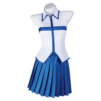 Fairy Tail Lucy Heartfilia Cosplay Costume White Zip Top, Blue Pleated Skirt And Bow Headpiece