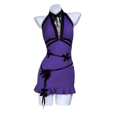 Final Fantasy VII Remake Tifa Lockhart Wall Market Cosplay Costume Purple Halter Dress With Choker, Earrings And Waist Ornament For Women