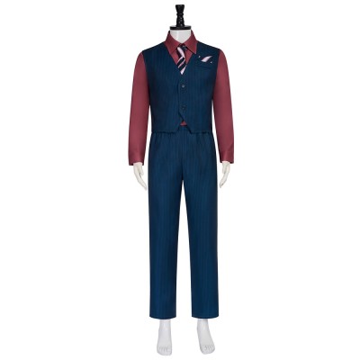 Finley Ventriloquist Dummy Cosplay Costume Red Shirt Navy Pinstripe Vest And Trousers With Tie For Adults And Kids