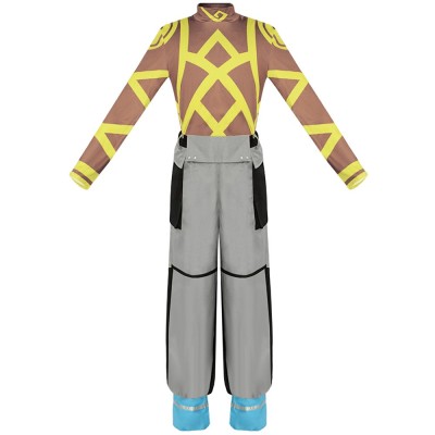 Fire Force Ogun Montgomery Cosplay Costume Brown Top With Yellow Pattern And Grey Cargo Trousers