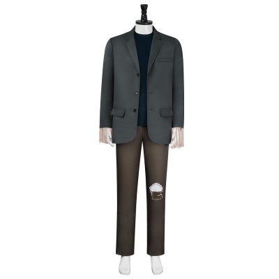 Frankenstein Monster Cosplay Costume Grey Suit Jacket Navy T-Shirt And Patched Brown Trousers