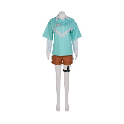 Genshin Impact Venti Casual Outfit Cosplay Costume Mint Green Tee, Striped Long Shirt, Brown Shorts And Leg Garter