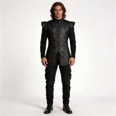 Game Of Thrones Jon Snow Cosplay Costume Black Faux Leather Laced Vest With Black Top And Pants For Men