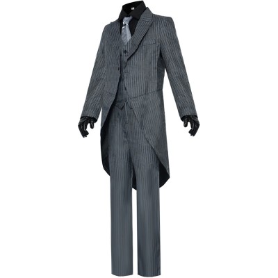 Gotham Penguin Oswald Cobblepot Cosplay Costume Grey Pinstripe Tailcoat Suit With Vest, Shirt, Tie And Gloves