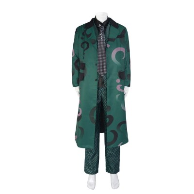 Gotham Season 5 Riddler Edward Nygma Cosplay Costume Green Question Mark Trench Coat With Suit Vest Shirt And Tie For Men