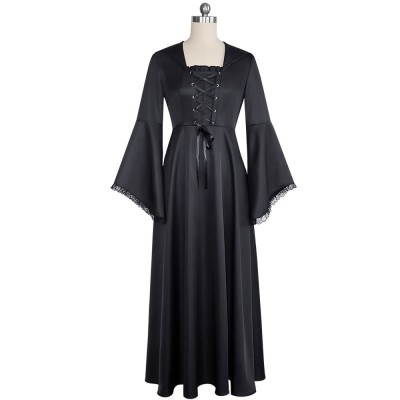 Gothic Witch Costume Black Hooded Medieval Dress With Bell Sleeves For Women
