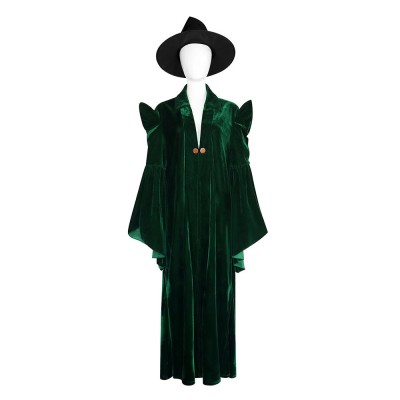 Harry Potter Professor Minerva McGonagall Cosplay Costume Green Velvet Robe With Witch Hat