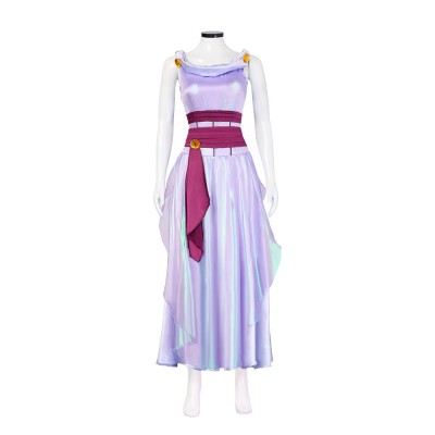 Hercules Megara Cosplay Costume Lavender Iridescent Draped Gown With Plum Waist Sash And Gold Brooches For Women