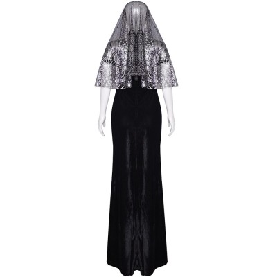 Hotel Transylvania Mavis Cosplay Costume Black Velvet Gown With Spiderweb Mesh Yoke, Veil And Fingerless Gloves