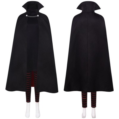 Hotel Transylvania Mavis Cosplay Costume Black Short-Sleeve Dress With Mesh Sleeves, Striped Leggings And High-Collar Cape