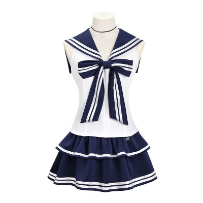 IVE Jang Wonyoung Cosplay Costume Navy Sailor Stage Outfit White Top And Ruffled Skirt Set For Women