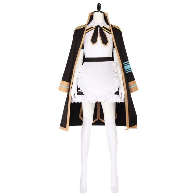 Kagura Mea Cosplay Costume Black And Gold Military Coat With White Maid Dress, Apron And Cap
