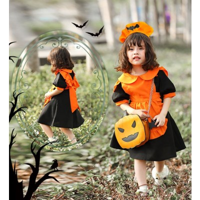 Halloween Costume Orange Pumpkin Bat Maid Costume For Kids