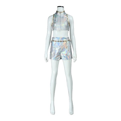KPop Demon Hunters Rumi Cosplay Costume Holographic Silver Stage Outfit Vest And Shorts For Adults And Kids