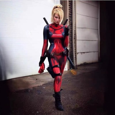 Lady Deadpool Cosplay Jumpsuit Red Or Pink Bodysuit For Women And Kids