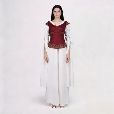 Lord of the Rings Eowyn Cosplay Costume White Gown With Burgundy Embroidered Bodice