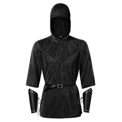 Medieval Templar Knight Cosplay Costume Hooded Chainmail-Style Shirt Belt And Leather Bracers In Black Or Grey