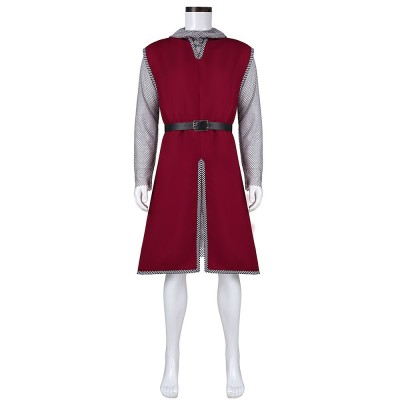 Medieval Knight Cosplay Costume Wine Red Tabard With Chainmail-Style Hooded Shirt And Belt