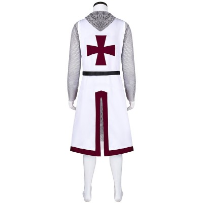 Medieval Crusader Templar Knight Costume White Tabard With Red Cross, Chain Mail Hood Top And Belt