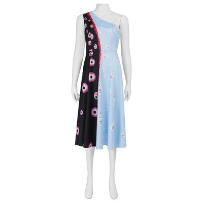 Mouthwashing Anya Inspired Cosplay Dress One-Shoulder Light Blue And Black Eyeball And Pill Print Midi Dress