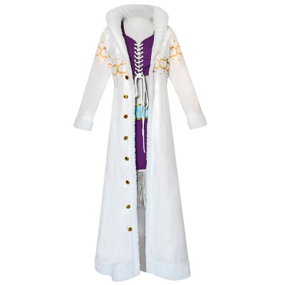One Piece Nico Robin Cosplay Costume White Fur Collar Long Coat Purple Lace-Up Vest And Fringe Skirt Set Or Cowboy Hat