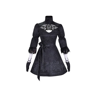NieR: Automata 2B Cosplay Costume Black Embroidered Dress With Feather Cuffs, Headband And Eye Mask