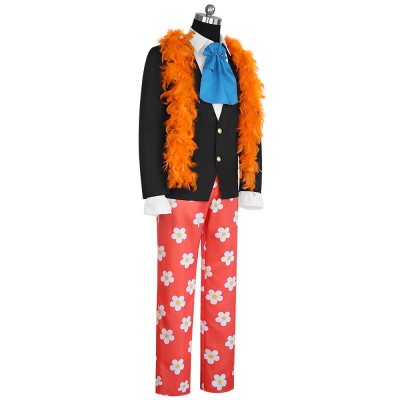 One Piece Brook Cosplay Costume Black Jacket Flower Pants And Orange Scarf For Men