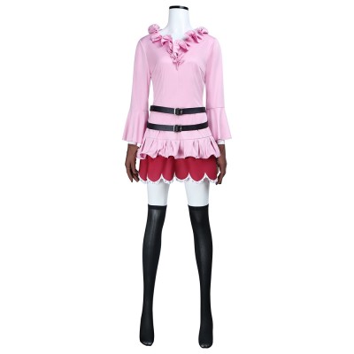 One Piece Koala Cosplay Costume Pink Ruffle Dress With Red Cap, Goggles, Gloves, Belts And Black Stockings
