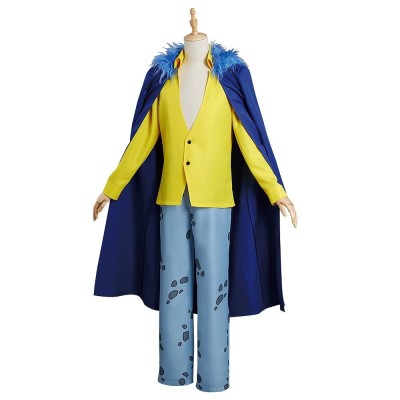 One Piece Trafalgar Law Cosplay Costume Blue Fur Collar Cloak Yellow Jacket Spotted Jeans With Optional Spotted Hat