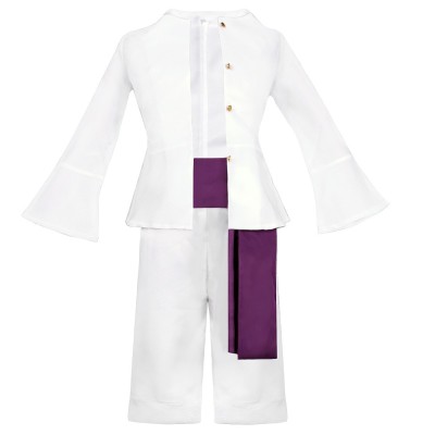 One Piece Luffy Gear 5 Sun God Nika Cosplay Costume White Top, Pants And Purple Waistband Set