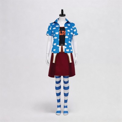 One Piece Ms. Golden Week Cosplay Costume Blue Cloud Print Shirt With Golden Tank Top, Maroon Skirt And Striped Stockings
