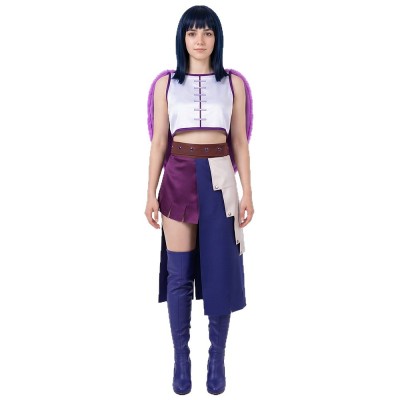 One Piece Nico Robin Cosplay Costume White Crop Top, Purple Fur Cape And Layered Skirt