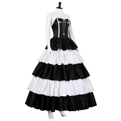 One Piece Perona Cosplay Costume Black And White Tiered Strapless Gown With Lace Hat