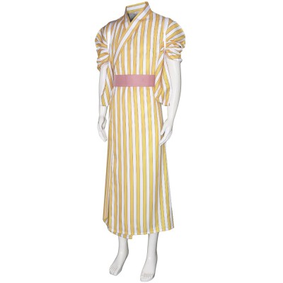 One Piece Wano Country Sanji Cosplay Costume Yellow Striped Yukata Robe With Pink Obi Belt