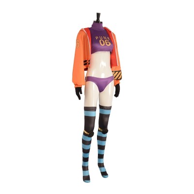 One Piece Vegapunk York Cosplay Costume Orange Cropped Jacket Purple PUNK 06 Top And Shorts With Leggings