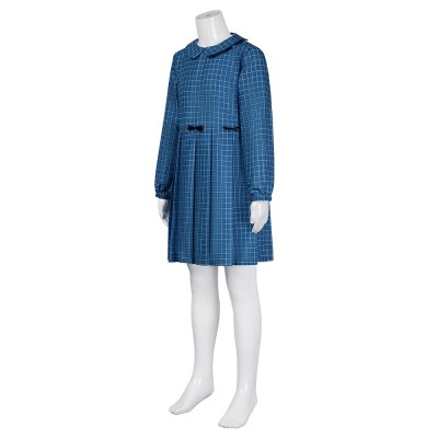Orphan Esther Cosplay Costume Blue Check Peter Pan Collar Dress With Black Bow For Kids And Adults