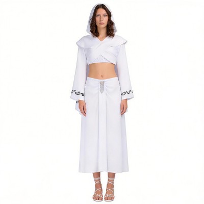 Star Wars Padme Amidala Cosplay Costume White Hooded Wrap Crop Top And Long Skirt With Black Embroidery