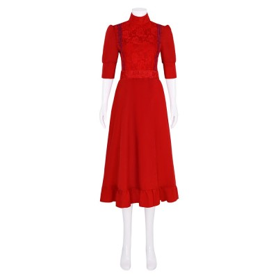Pearl Horror Movie Cosplay Costume Red Puff Sleeve Midi Dress With Lace Trim