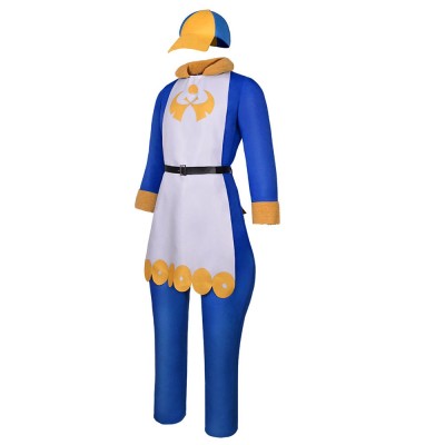 Pokemon Legends Arceus Volo Cosplay Costume Blue Outfit With White Apron, Plush Collar, Cap And Belt