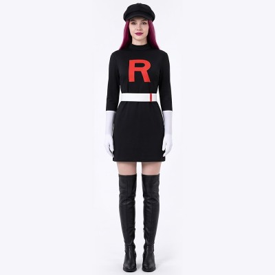 Pokemon Team Rocket Jessie And James Cosplay Costume Black R Uniform With White Gloves, Waistband And Cap